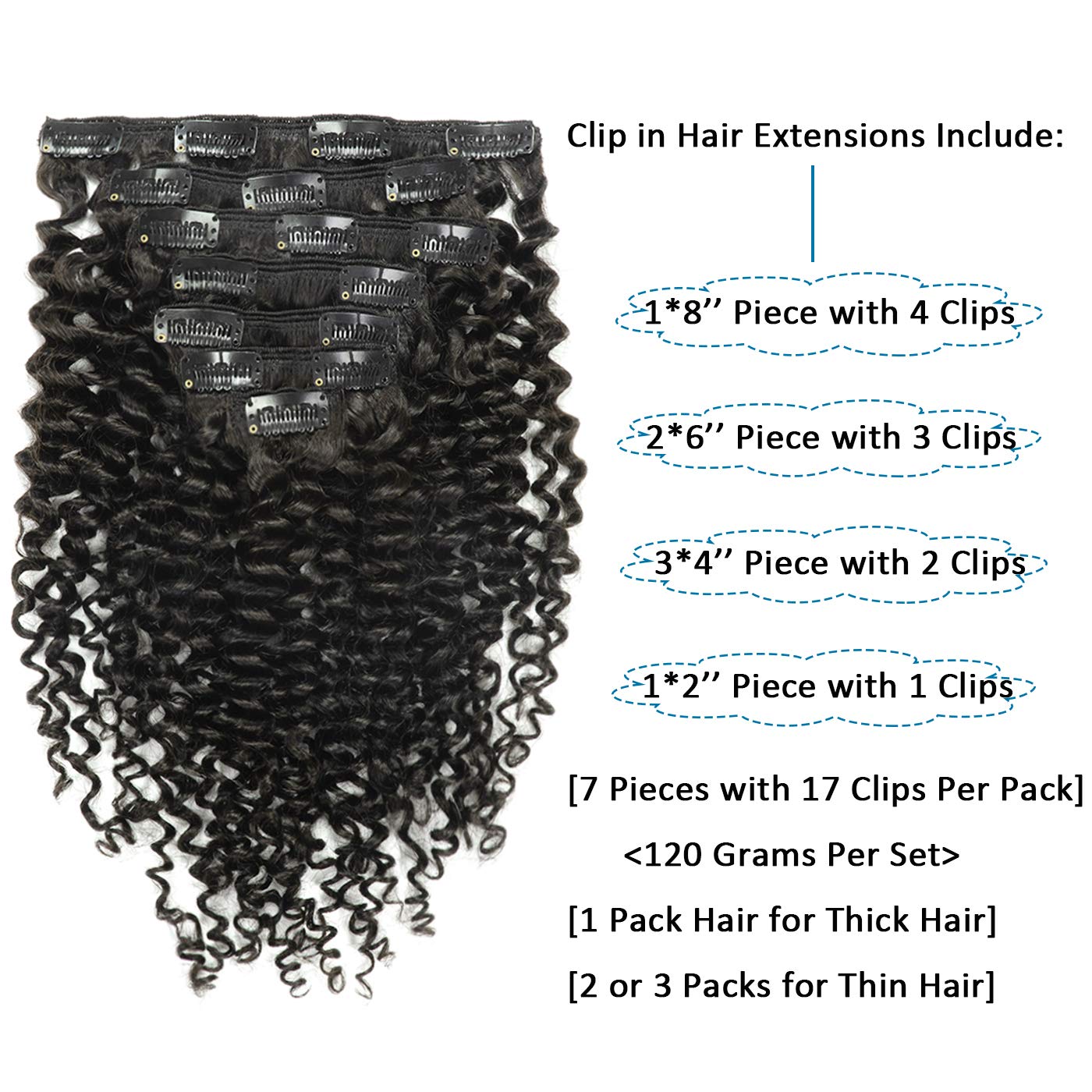 100% Human Hair 7 PCS Set Clip in Curly Extension Invisible Hair Strand