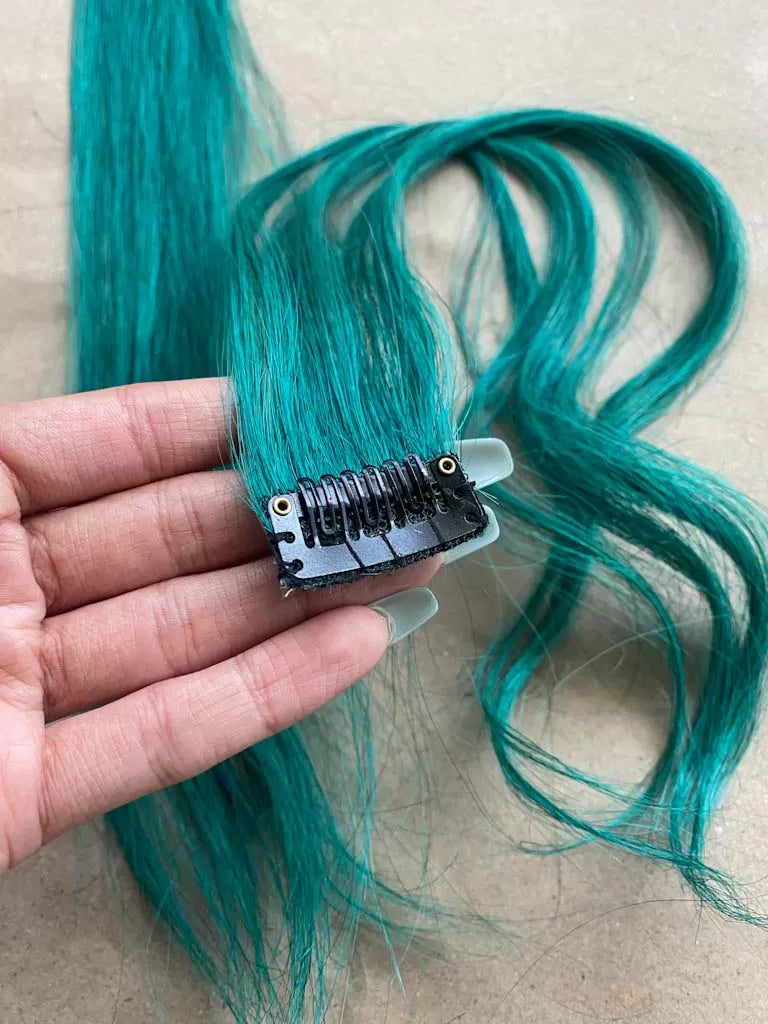 100% Human Hair Clip-in Hair Green Real Colourful Extension For Women