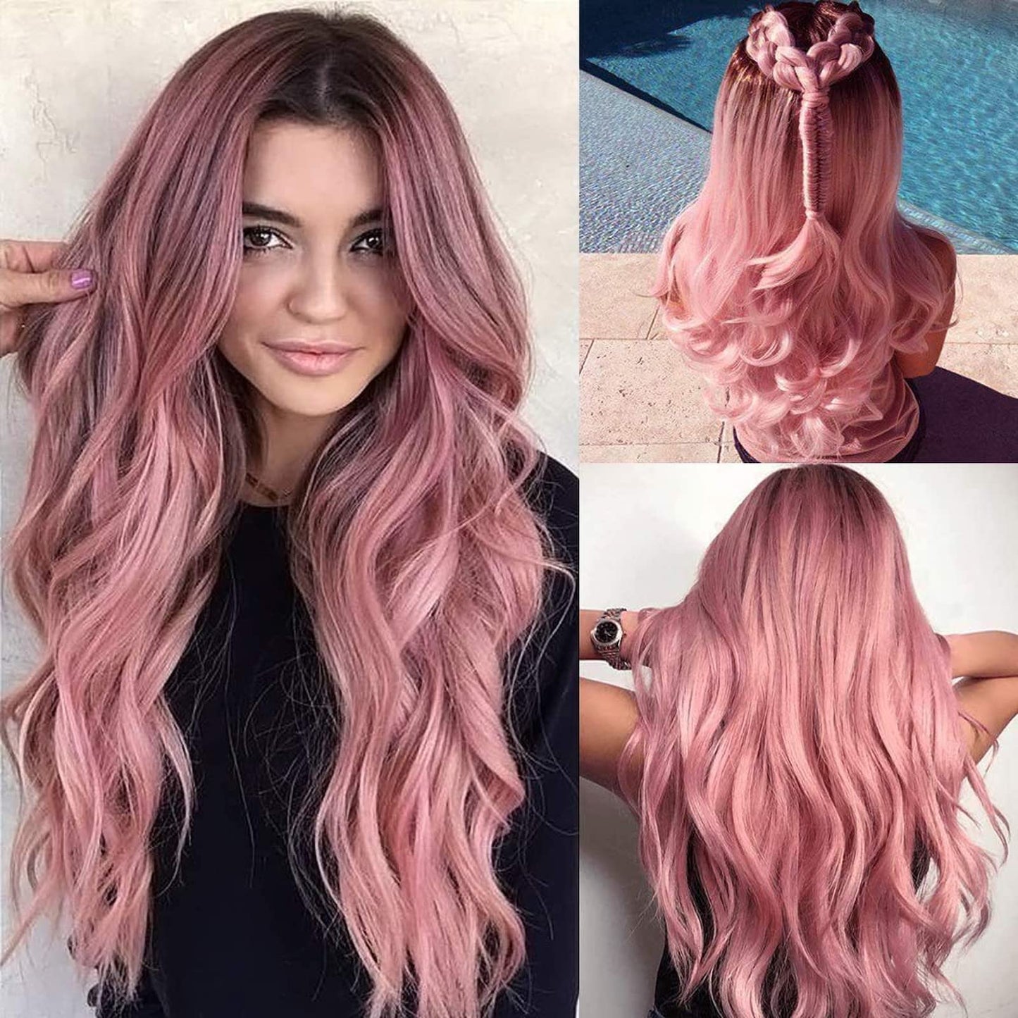 100% Human Hair Virgin Hair Long Dusty Rose Pink Wig 26 Inches Wavy Wig