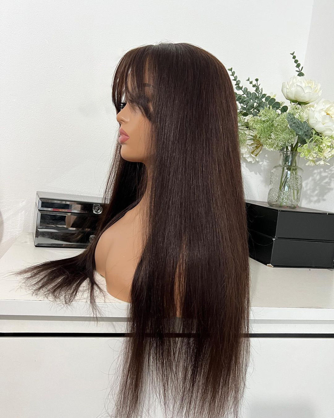 100% Human Hair Long Wigs with Bangs Real Human Hair, Dark Brown Mix Rooted & Dark Warm Brown