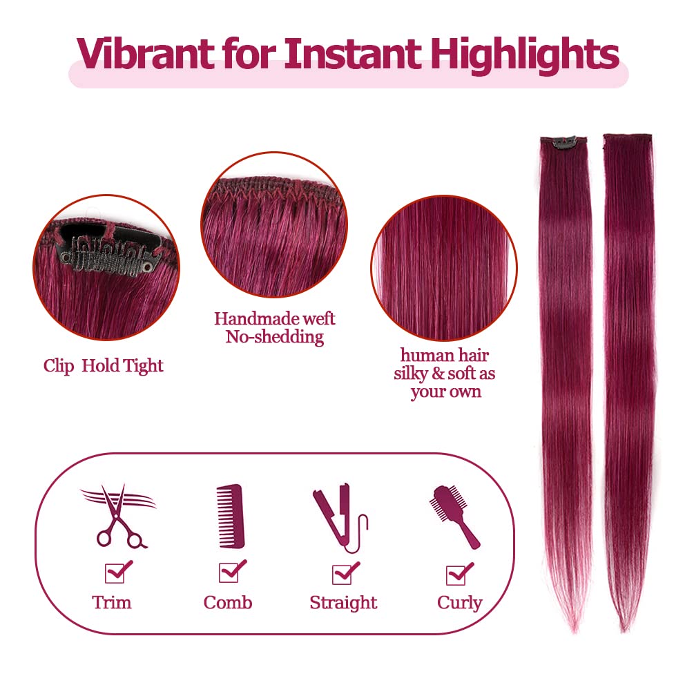 100% Human Hair Clip-in Hair Burgundy Colourful Extension For Women