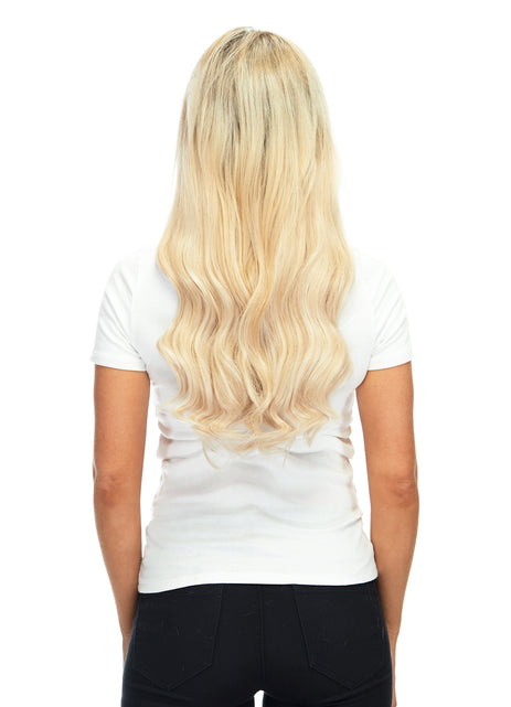 Human Hair Ladies Wig Virgin Hair Mid Shoulder Length Silk Top Lace Front Wigs, 140/22+6 Blonde Rooted