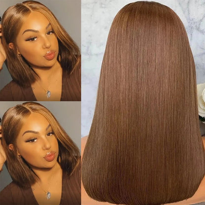 100% Human Hair 16 inch Hair Glueless Long Wigs for Women UK, Light Brown