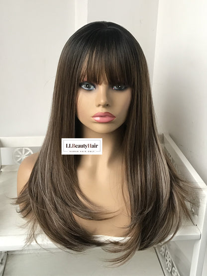 100% Human Hair Virgin Hair Natural Wigs with Bangs, New Silk Top Wig, 4# Medium Brown