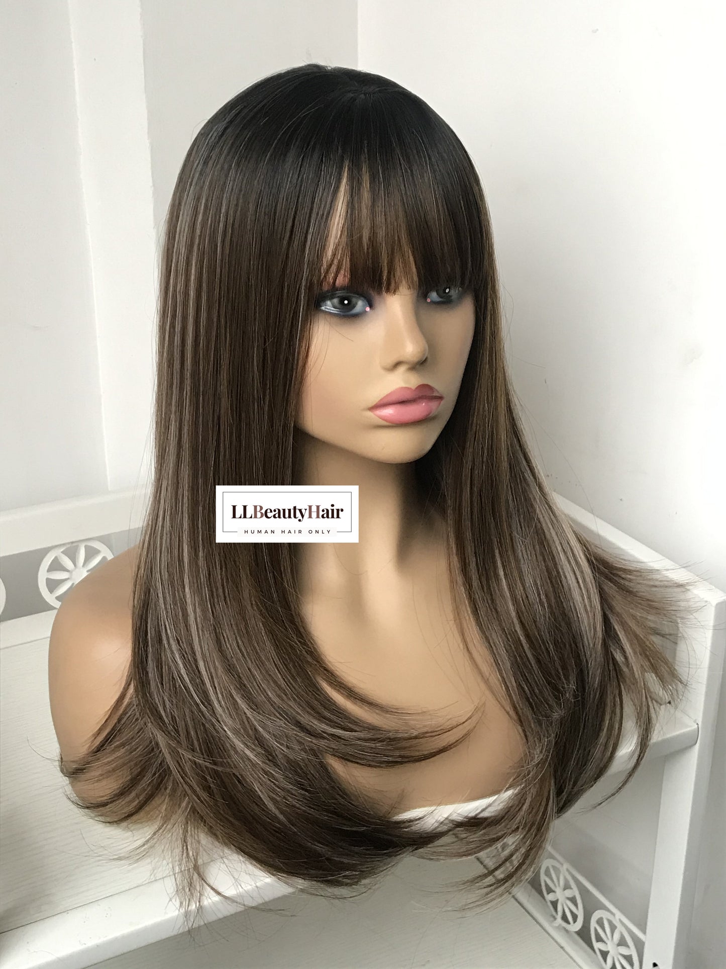 100% Human Hair Virgin Hair Natural Wigs with Bangs, New Silk Top Wig, 4# Medium Brown