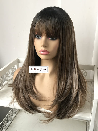 100% Human Hair Virgin Hair Natural Wigs with Bangs, New Silk Top Wig, 4# Medium Brown