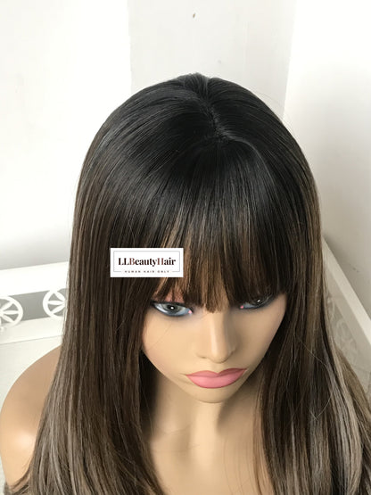 100% Human Hair Virgin Hair Natural Wigs with Bangs, New Silk Top Wig, 4# Medium Brown