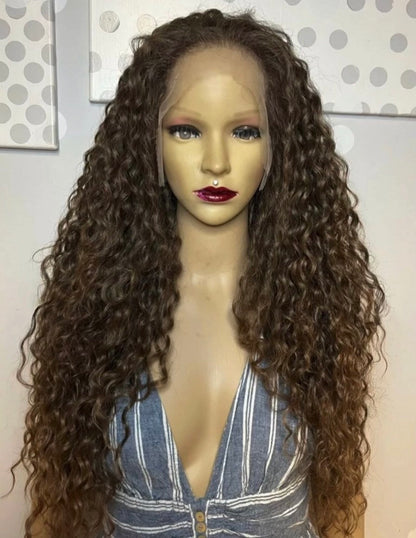 100% Human Hair Wavy Curly Lace Front Wigs, Light Brown